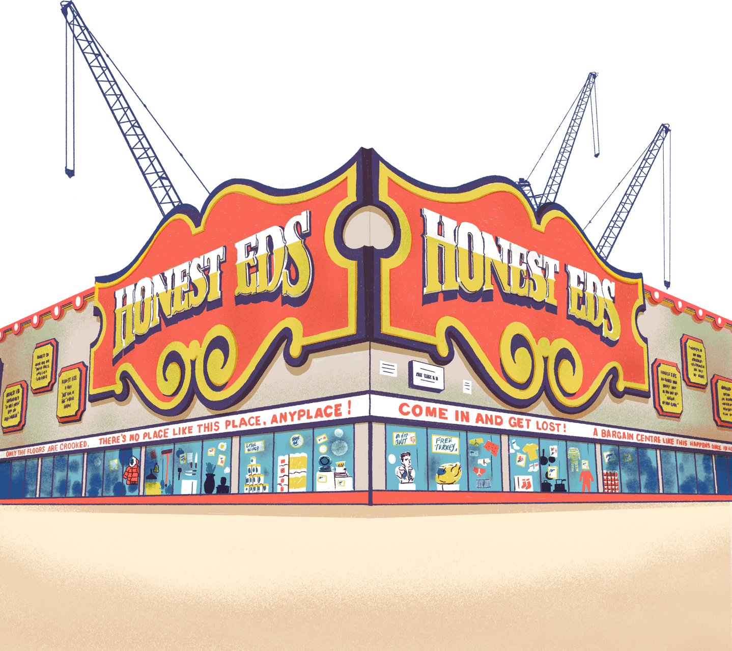 Honest Ed's building with Cranes behind, illustrated.